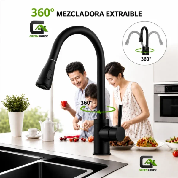 Mezcladora De Cocina Monocomando Extraible Negro Mate Pesada
