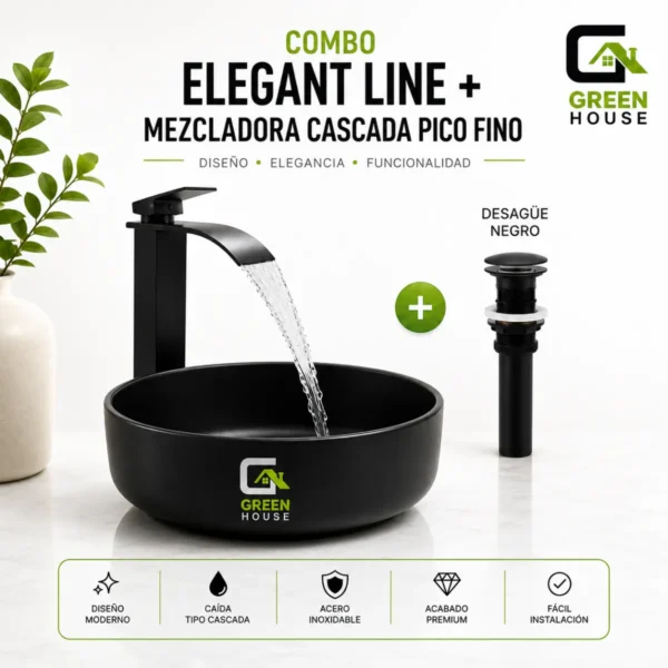 Combo Elegant Line Negro Mate + Mezcladora Cascada 30cm Pico Fino