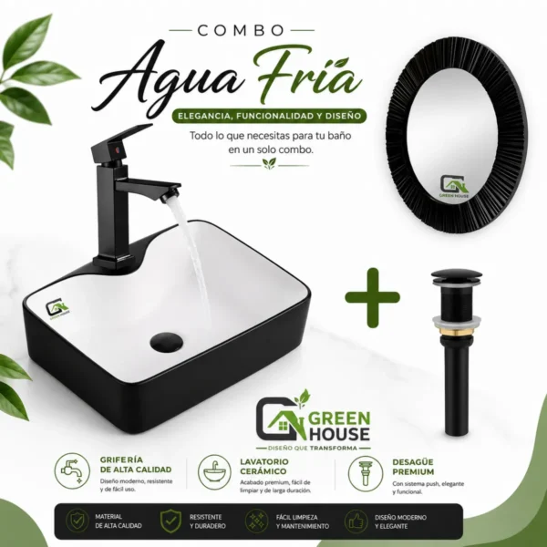 Combo De Lavatorio Negro Mate Con Blanco + Griferia 20cm + Desague y Espejo