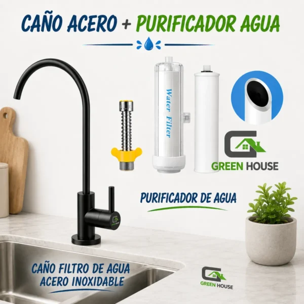 Kit Caño Filtro De Agua Acero Inoxidable + Purificador Almohadilla Remplazable