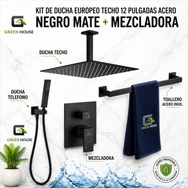 KIT DE DUCHA EUROPEO TECHO 12 PULGADAS ACERO NEGRO MATE