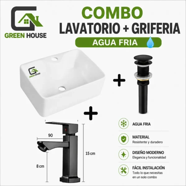 Combo De Lavatorio Porta Griferia + Griferia 20cm Color Negro Y Desague