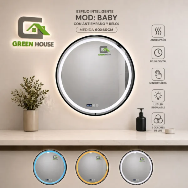 Espejo Inteligente Modelo U- BABY - Redondo Led Antiempaño + Reloj 60x60cm