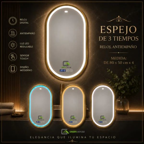 Espejo Inteligente Modelo U-ZOE – Led Antiempaño + Reloj 80x50cm
