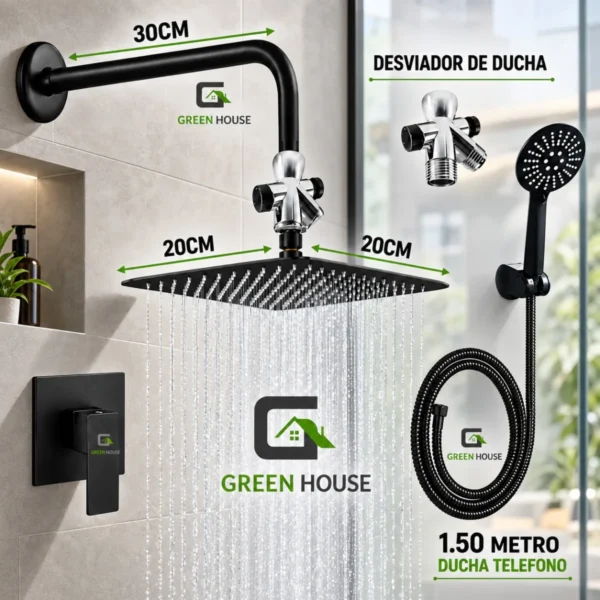 KIT DUCHA ESPAÑOLA DE ACERO 20CM + MEZCLADORA DUCHA + DUCHA TELEFONO