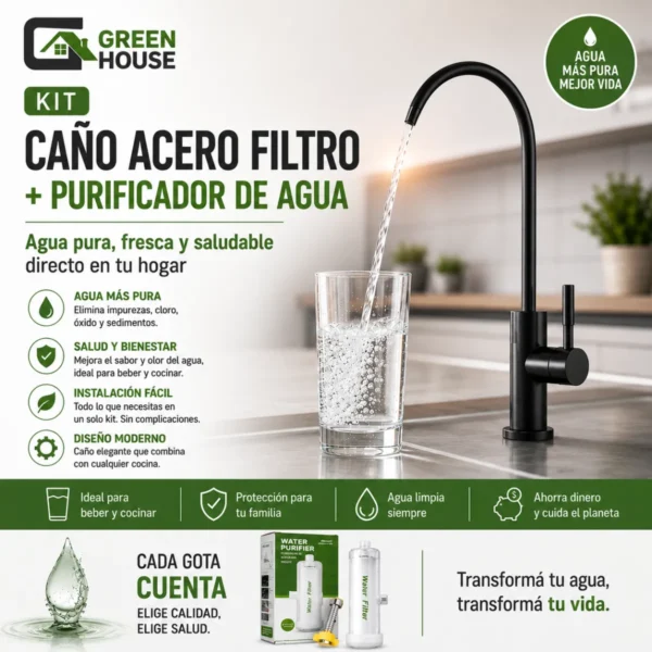 Kit Caño Filtro De Agua Acero Inoxidable + Purificador Almohadilla Remplazable