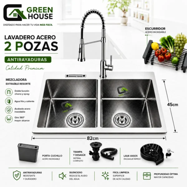 Combo Lavadero De Cocina Acero 2 Pozas Antirayaduras + Mezcladora Extraible Resorte