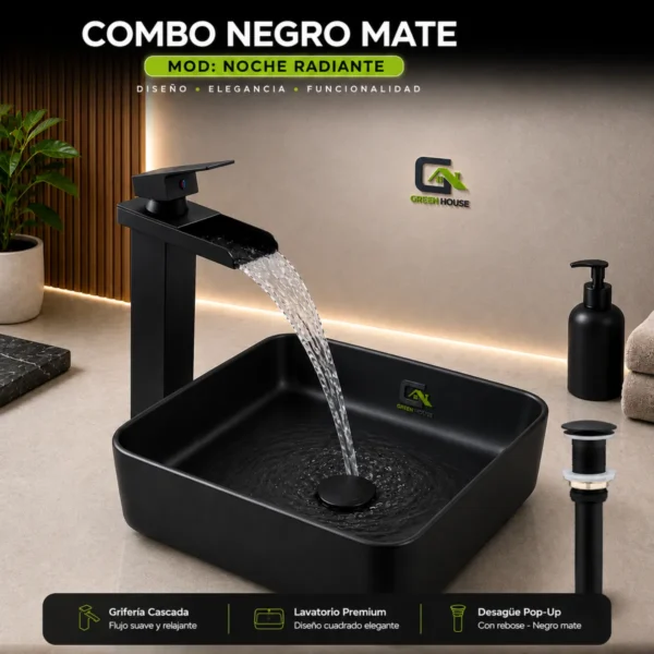 Combo Negro Mate Mod: Noche Radiante + Mezcladora Cascada Pico Ancho