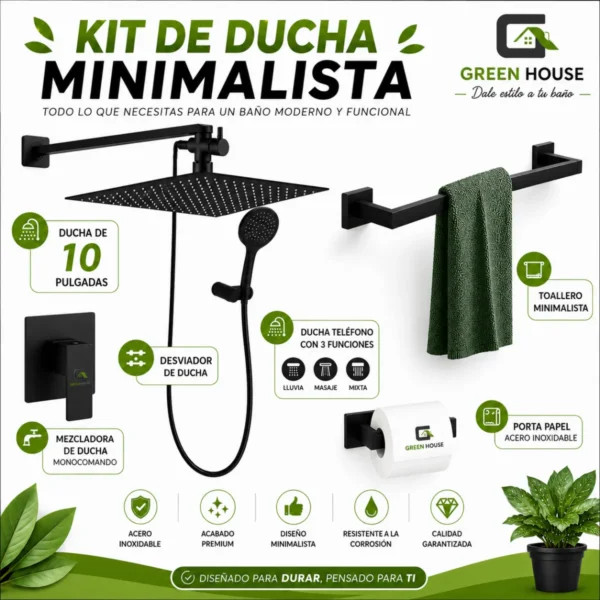 KIT DE DUCHA MINIMALISTA 10 PULGADAS ACERO INOXIDABLE + ACCESORIOS