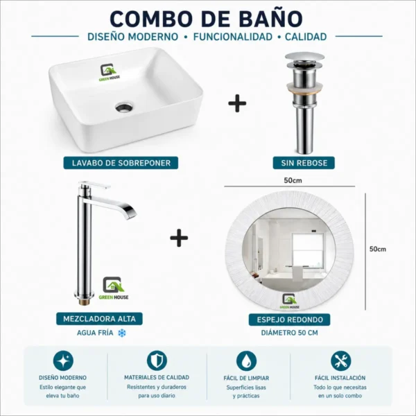 COMBO DE LAVATORIO RECTANGULAR MAS GRIFERIA AGUA FRIA DESAGUE ESPEJO