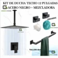 KIT DE DUCHA TECHO 12 PULGADAS ACERO NEGRO MATE