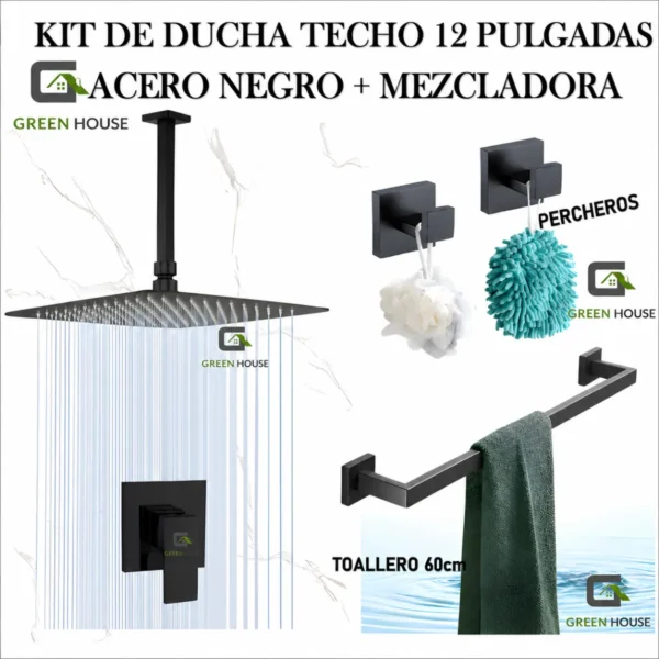 KIT DE DUCHA TECHO 12 PULGADAS ACERO NEGRO MATE