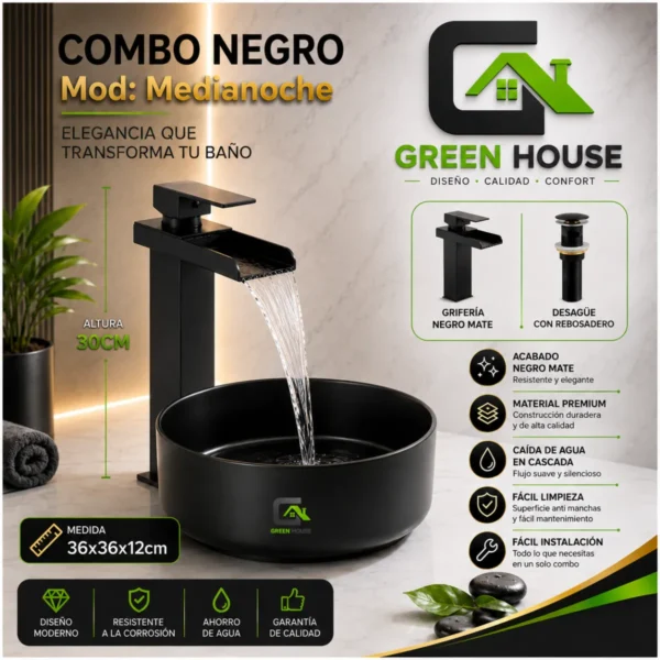 Combo Negro Redondo Mate Mod: Medianoche + Mezcladora 30cm Negro Mate