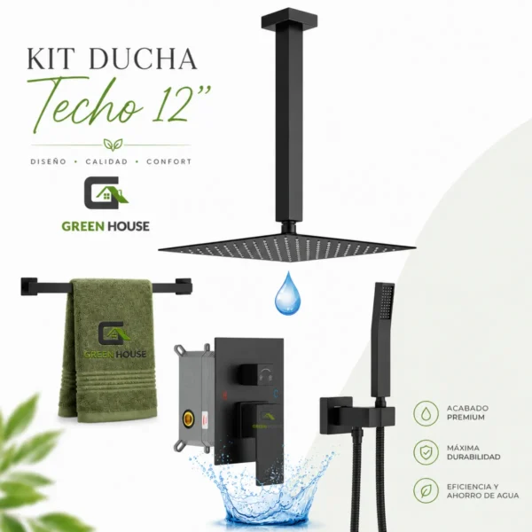 KIT DE DUCHA EUROPEO TECHO 12 PULGADAS ACERO NEGRO MATE