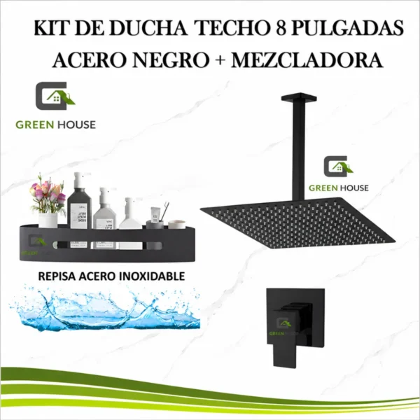 KIT DE DUCHA TECHO 8 PULGADAS ACERO NEGRO MATE