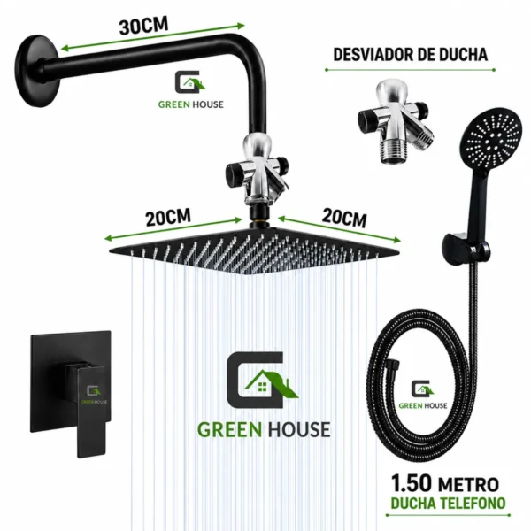 KIT DUCHA ESPAÑOLA DE ACERO 20CM + MEZCLADORA DUCHA + DUCHA TELEFONO