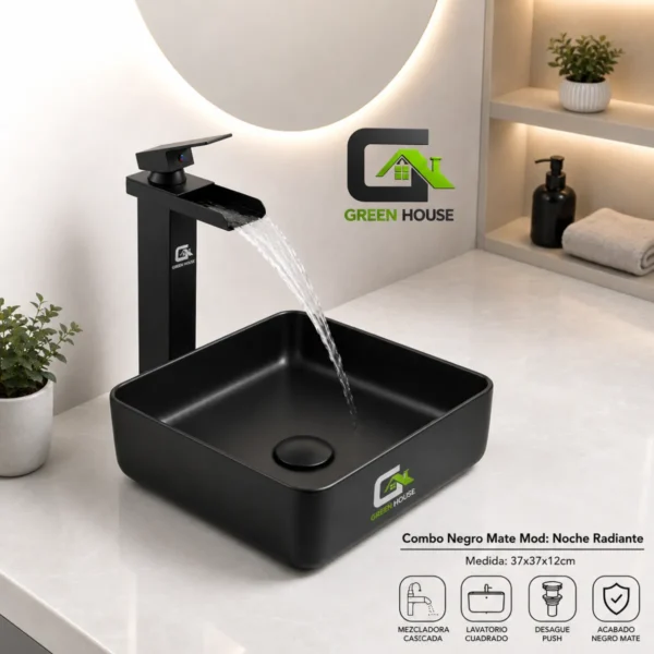 Combo Negro Mate Mod: Noche Radiante + Mezcladora Cascada Pico Ancho