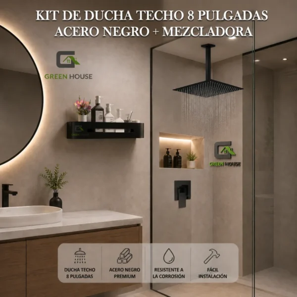 KIT DE DUCHA TECHO 8 PULGADAS ACERO NEGRO MATE