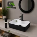 Combo De Lavatorio Negro Mate Con Blanco + Griferia 20cm + Desague y Espejo