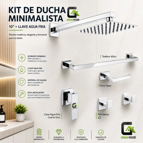 Kit De Ducha 10" Acero Cromado Con Llave Agua Fría + Accesorios Acero Inox. Pesado