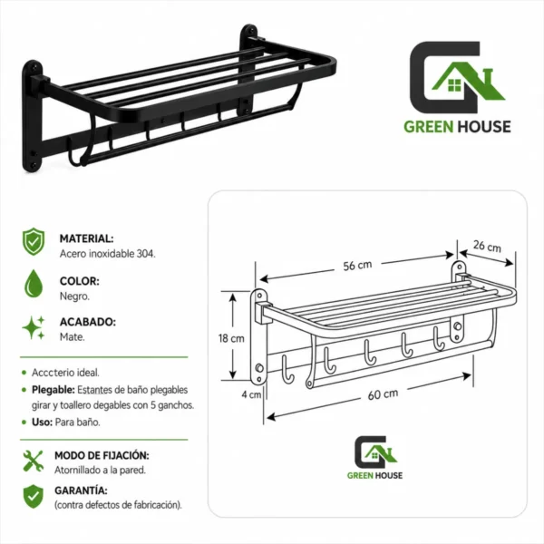 Toallero Con Repisa Plegable Acero Inoxidable Sus 304 Negro Mate