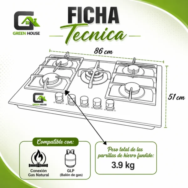 Encimera 82cm x 47cm Vidrio Templado Dual GN o GLP - 5 Hornillas