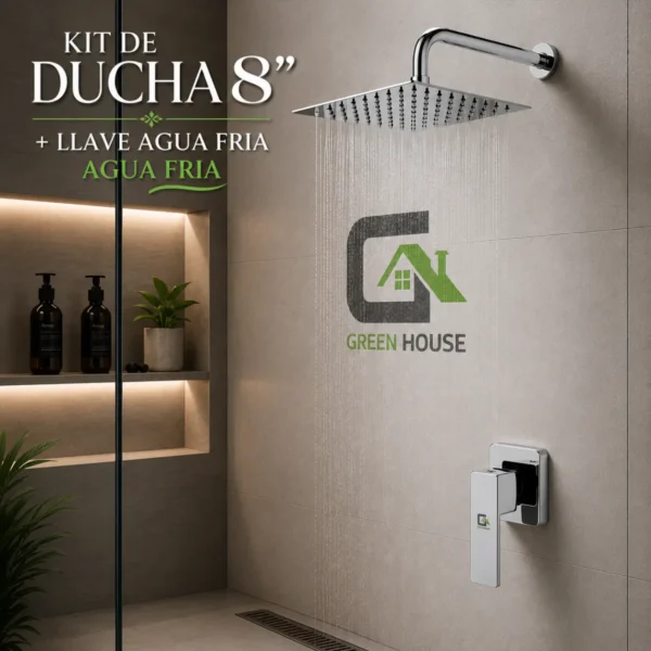 Kit De Ducha 8 Pulgadas Acero Cromado Con Llave Agua Fria