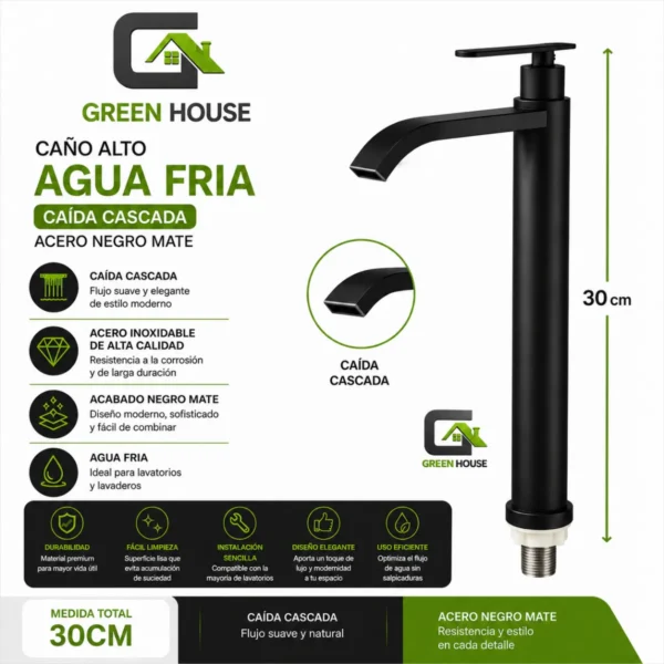 Griferia De Lavatorio 30cm Negro Mate Agua Fria Acero Inoxidable