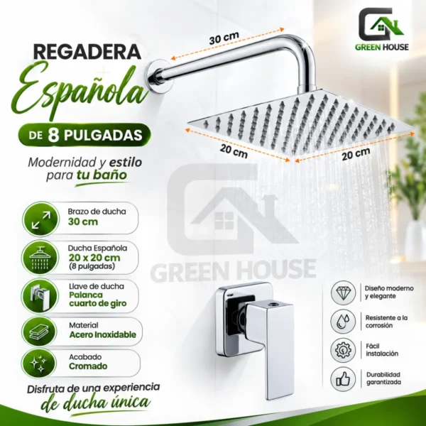 Kit De Ducha 8 Pulgadas Acero Cromado Con Llave Agua Fria