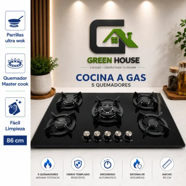 Encimera 82cm x 47cm Vidrio Templado Dual GN o GLP - 5 Hornillas