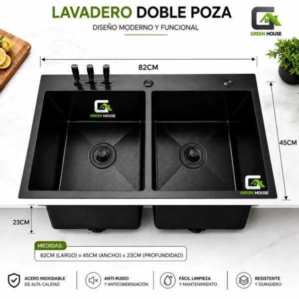 Lavadero De Cocina Antirayaduras Doble Poza 82x45cm+Porta Cuchillo Acero Inoxidable