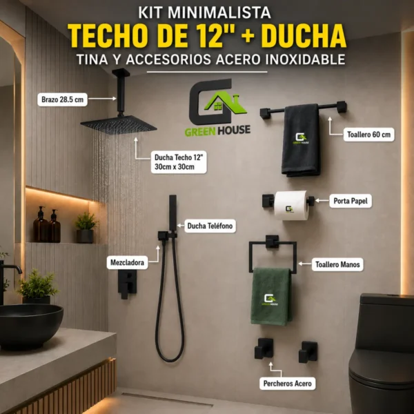 kit Minimalista Techo 12"+Ducha Tina y Accesorios Acero Inoxidable
