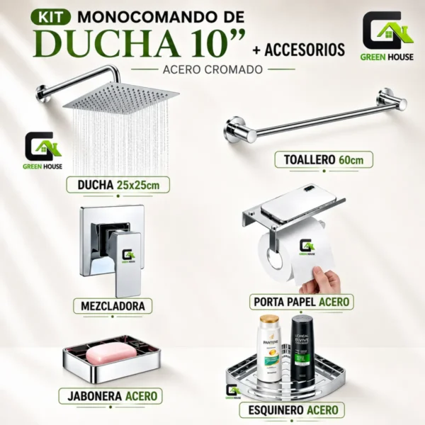 Kit De Ducha 10" Con Accesorios De Baño Acero Inoxidable Cromado