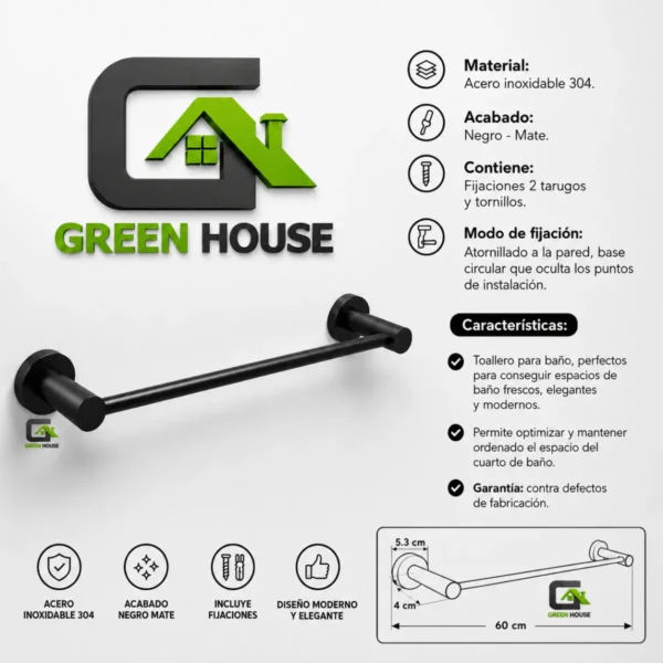 Elegante Toallero 60cm Acero Inoxidable Negro Mate