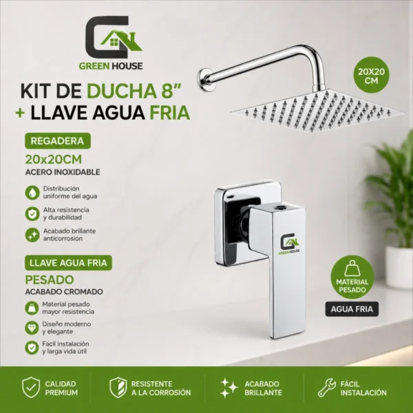 Kit De Ducha 8 Pulgadas Acero Cromado Con Llave Agua Fria