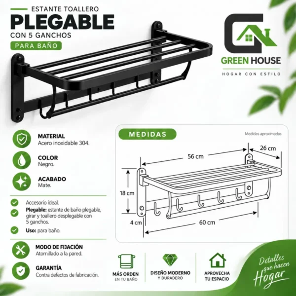 Toallero Con Repisa Plegable Acero Inoxidable Sus 304 Negro Mate