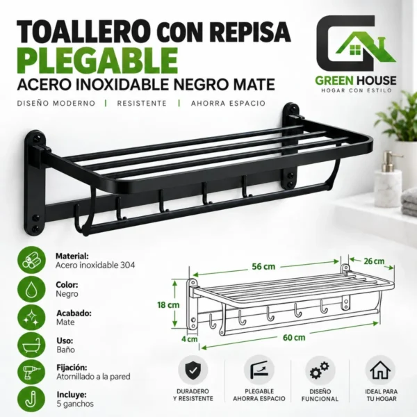 Toallero Con Repisa Plegable Acero Inoxidable Sus 304 Negro Mate