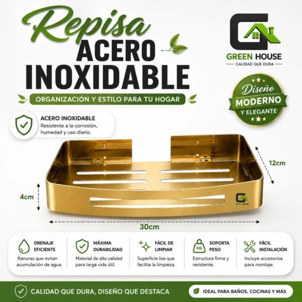 Pack 2 Repisas Dorado Brillante Acero Inoxidable Organiza Baño o Cocina