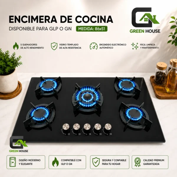 Encimera 82cm x 47cm Vidrio Templado Dual GN o GLP - 5 Hornillas