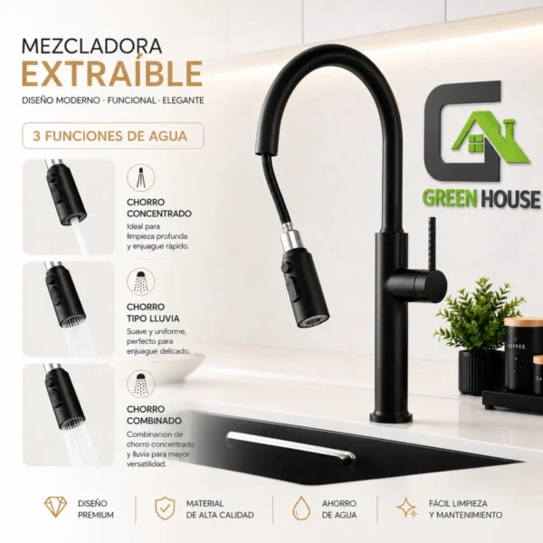 Mezcladora Extraíble Mod. Cuello de Cisne Acero Inoxidable SUS 304 – Negro Mate