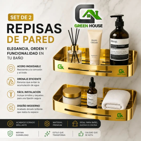 Pack 2 Repisas Dorado Brillante Acero Inoxidable Organiza Baño o Cocina