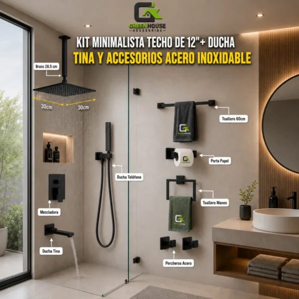kit Minimalista Techo 12"+Ducha Tina y Accesorios Acero Inoxidable