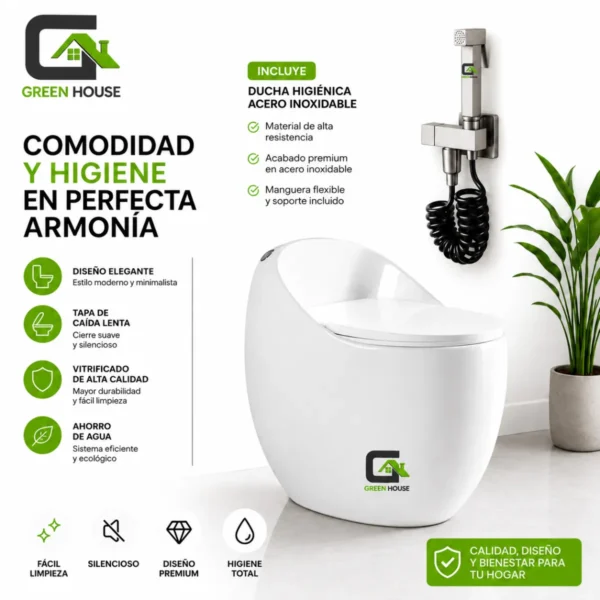 Inodoro De Lujo One Piece Blanco Huv-1024 + Ducha Bidet  Acero Cromado