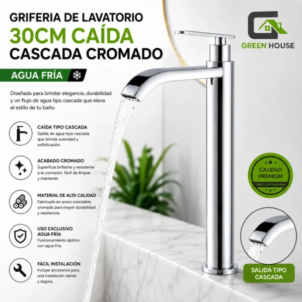 Griferia De Lavatorio 30cm Caida Cascada Cromado Agua Fria