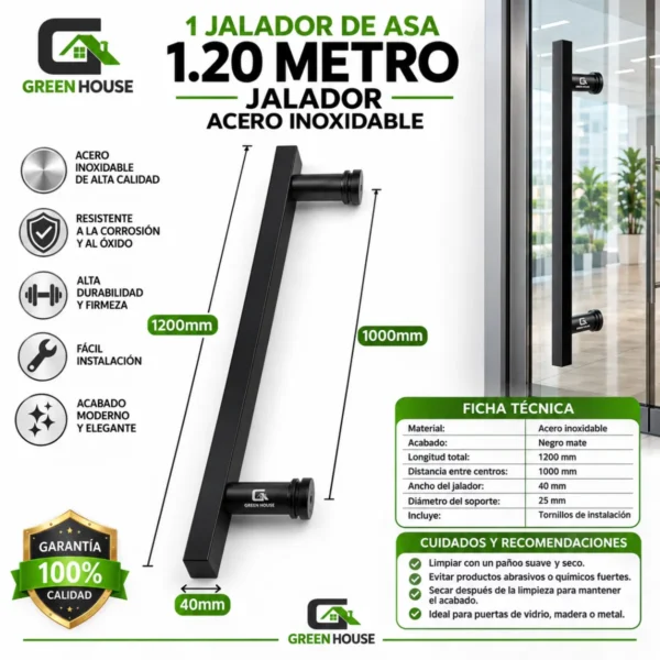 1 Asa Jalador 1.20 Metro Acero Inoxidable Negro Mate