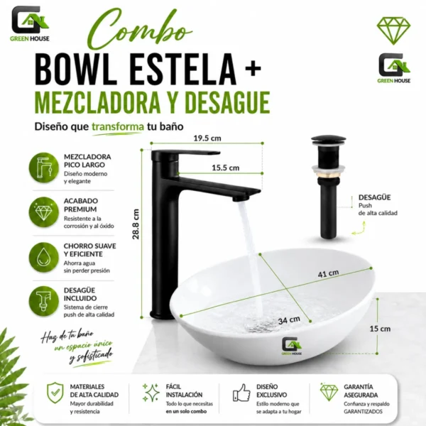 Combo De Lavatorio Estella +Mezcladora Pesada Negro y Desague