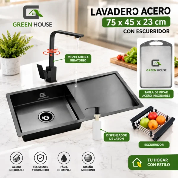 Lavadero 75x45x23 Cm Acero Con Escurridor + Mezcladora Giratoria 360º