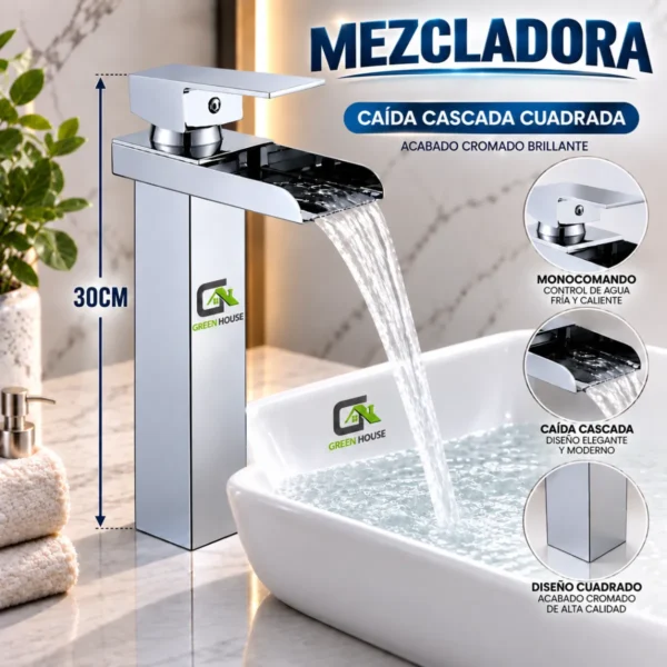 Mezcladora Monocomando De Lavatorio Caida Cascada Cuadrada