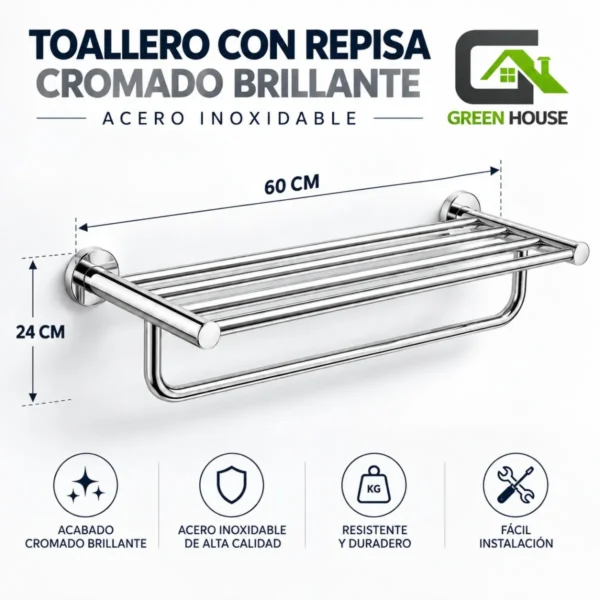 Elegante Toallero Con Repisa Cromado Brillante Acero Inoxidable 60cm