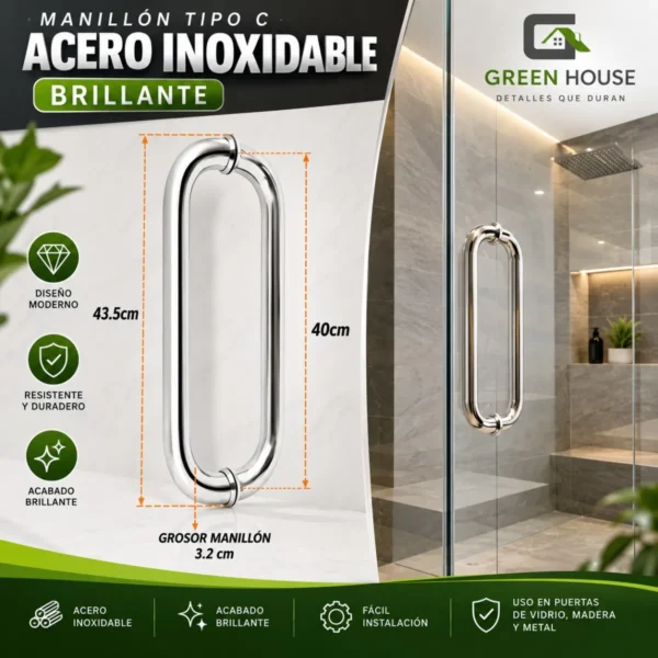 Manillon - Jalador - Tirador - Tipo C - Acero Inoxidable Brillante 43cm